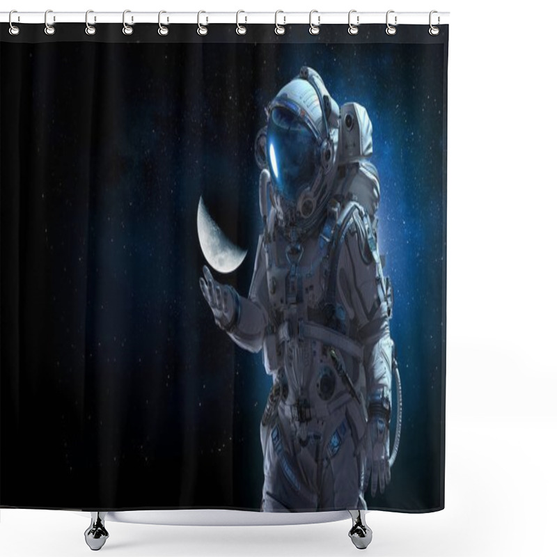 Personality  Spaceman And His Mission. Mixed Media Shower Curtains