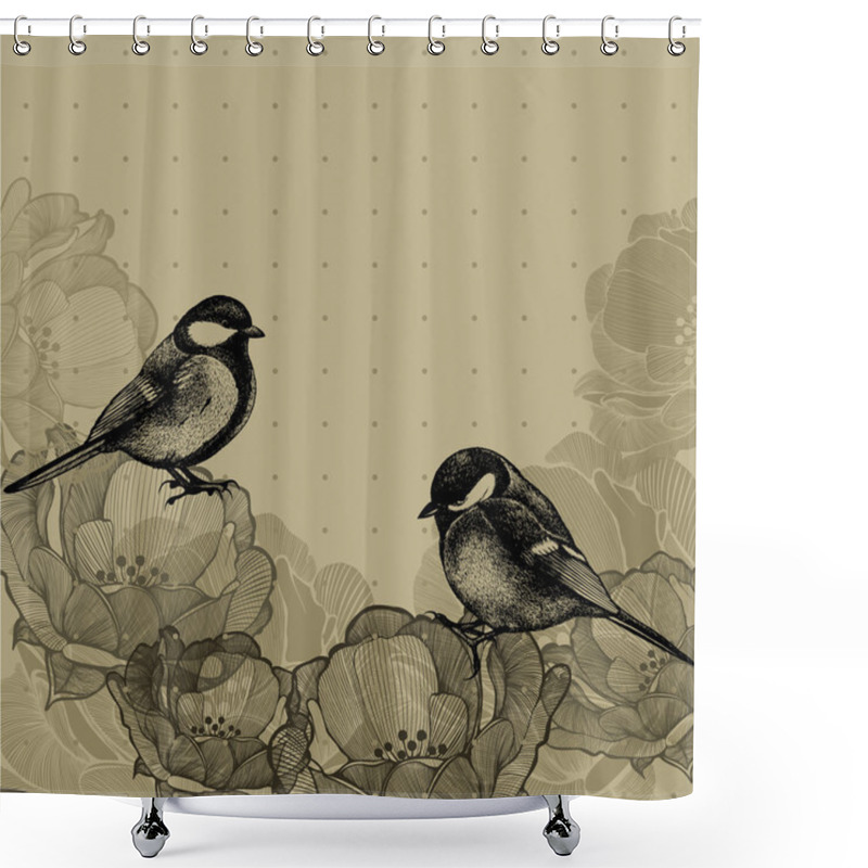 Personality  Floral Background With Roses And Tits, Hand-drawing. Vector Illu Shower Curtains