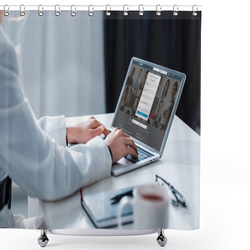 Personality  Cropped View Of Woman Using Laptop With Linkedin Website On Screen At Office Desk Shower Curtains