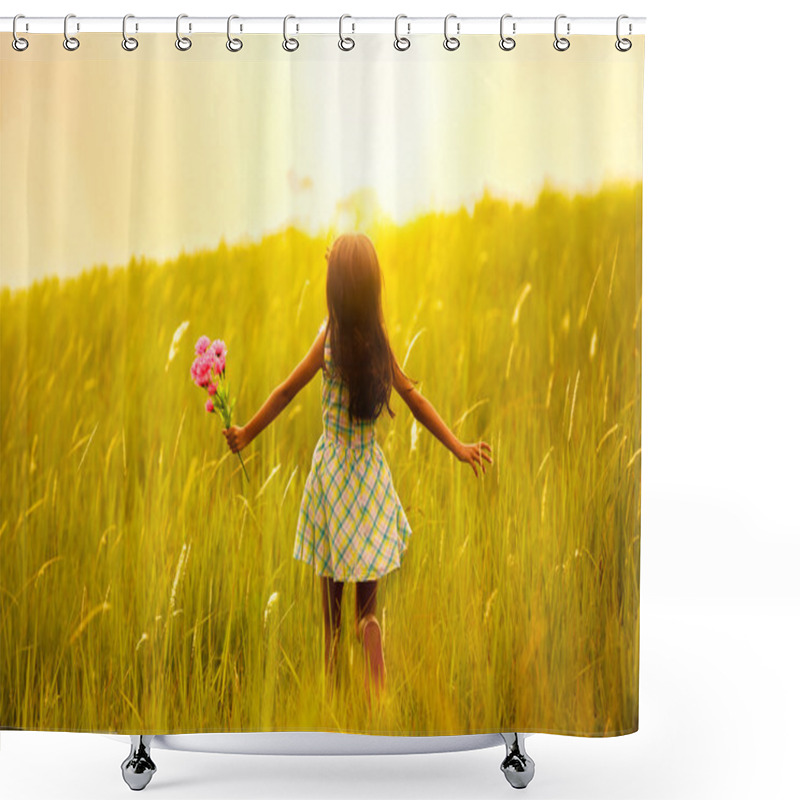 Personality  Little Girl Running On Meadow With Sunset Shower Curtains