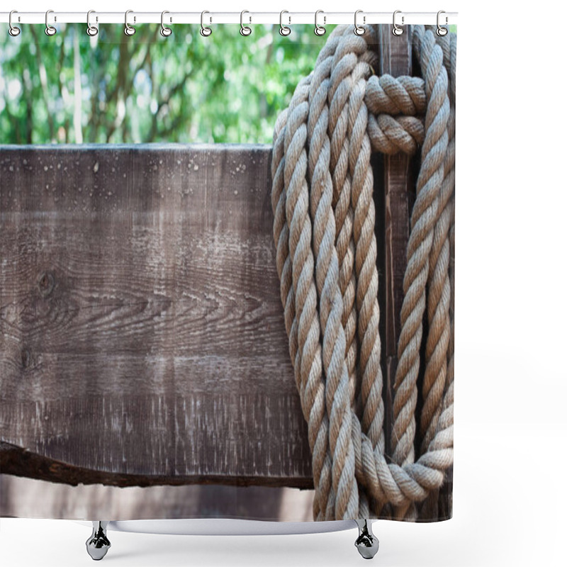 Personality  Thick Old Rope On A Background Of Old Wooden Boards In Grunge Style. The Concept. Old American Cowboy, Ranch, Lasso. Background For Design Shower Curtains