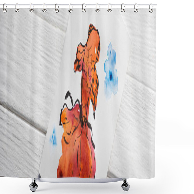 Personality  Top View Of Paper With Japanese Painting With Fish On Wooden Background, Panoramic Shot Shower Curtains