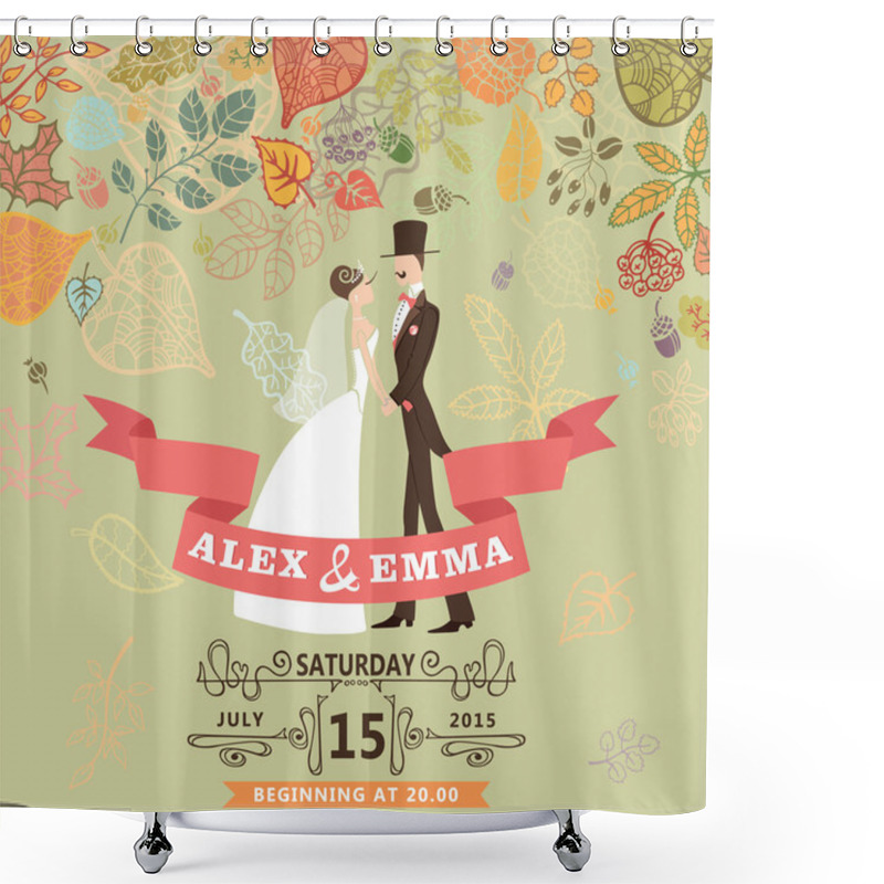 Personality  Cute Wedding Invitation With Bride,groom,autumn Leaves Shower Curtains