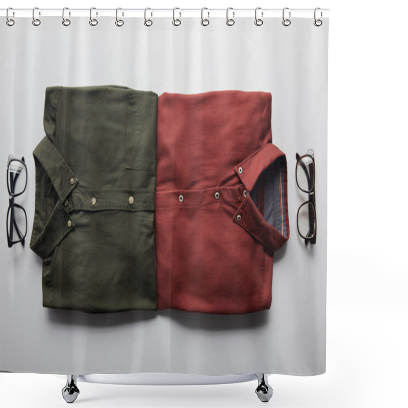 Personality  Top View Of Two Pairs Of Shirts And Glasses Isolated On White Shower Curtains