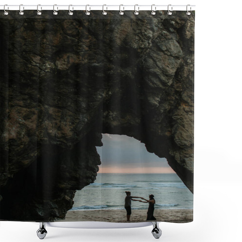 Personality  Side View Of Happy Couple Dancing On Beach During Sunset Shower Curtains