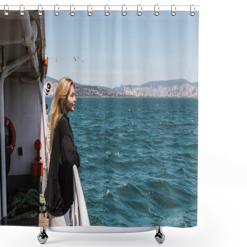 Personality  Side View Of Happy Woman In Black Sweater Looking At Sea From Ferry Boat Crossing Bosporus In Istanbul  Shower Curtains