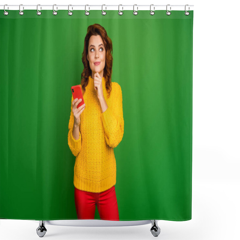 Personality  Positive Woman Addicted Social Media User Use Smart Phone Think Thoughts Decide What Type Touch Chin Look Copyspace Wear Style Stylish Trendy Sweater Isolated Bright Shine Color Background Shower Curtains