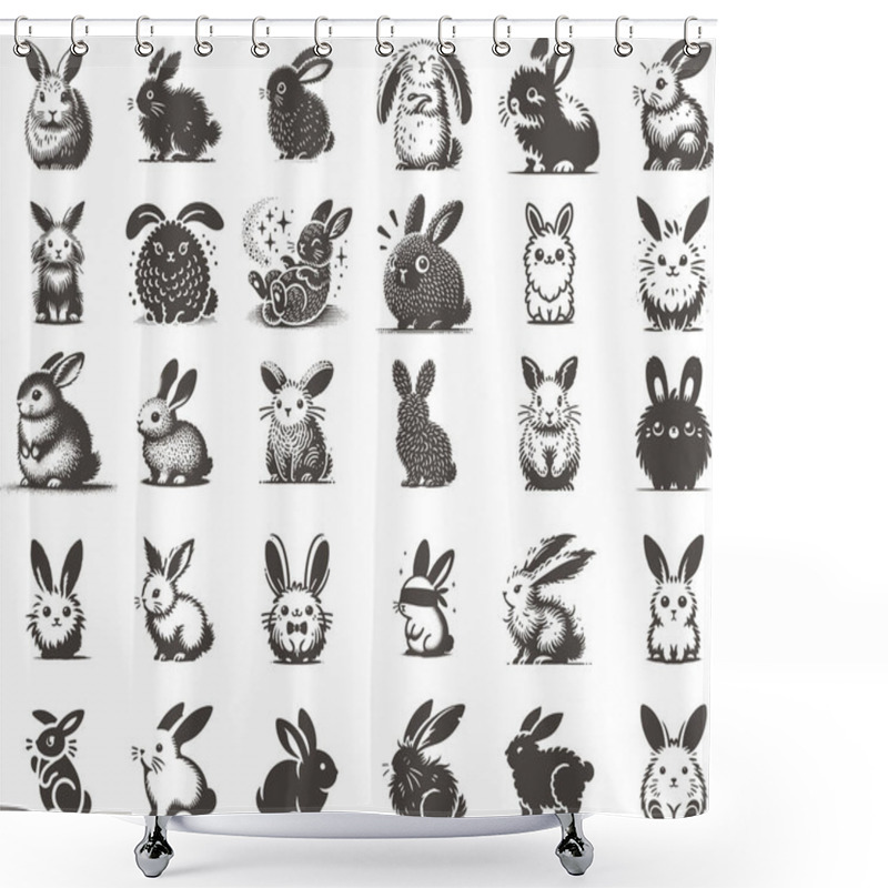 Personality  Collection Of Cute Bunny Rabbit Silhouette Illustrations In Minimalist Woodcut Style Shower Curtains