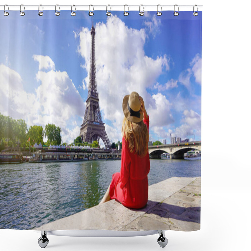 Personality  Young Traveler Woman In Red Dress And Hat Sitting On The Quay Of Seine River Looking At Eiffel Tower, Famous Landmark And Travel Destination In Paris. Shower Curtains