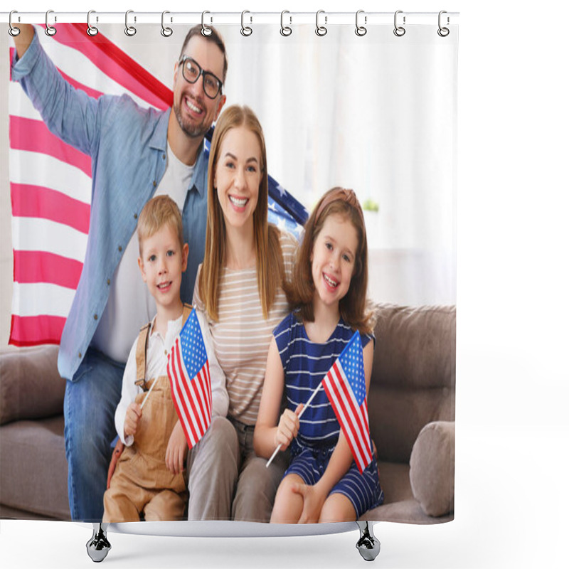 Personality  Young Happy American Family Parents And Two Little Kids Sitting On Sofa At Home With Flags Of United States And Smiling At Camera While Celebrating Independence Day. Patriotic US Holiday Concept Shower Curtains