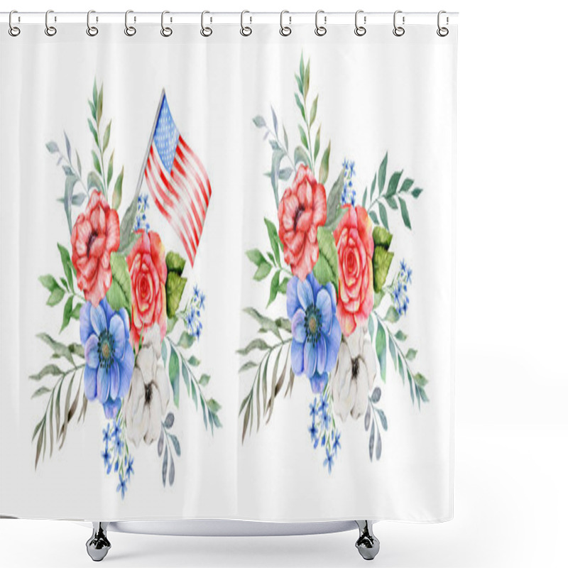 Personality  4th Of July Patriotic Concept. Patriotic Design. Red Blue And White Flower Bouquet Watercolor Illustration. Independence Day Design Element. Hand Painted Watercolor Botanical Illustration. Shower Curtains