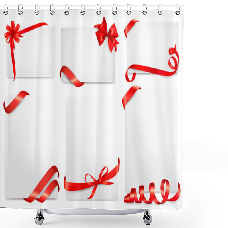 Personality  Set Of Beautiful Cards With Red Gift Bows With Ribbons Vector Shower Curtains