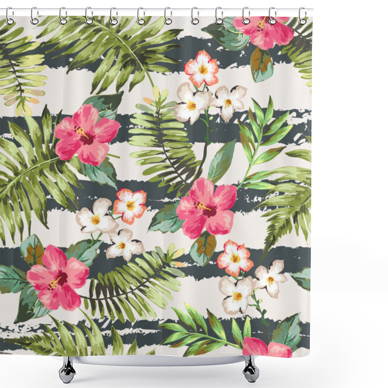 Personality  Seamless Tropical Flowers With Brush Stripe Vector Pattern Background Shower Curtains