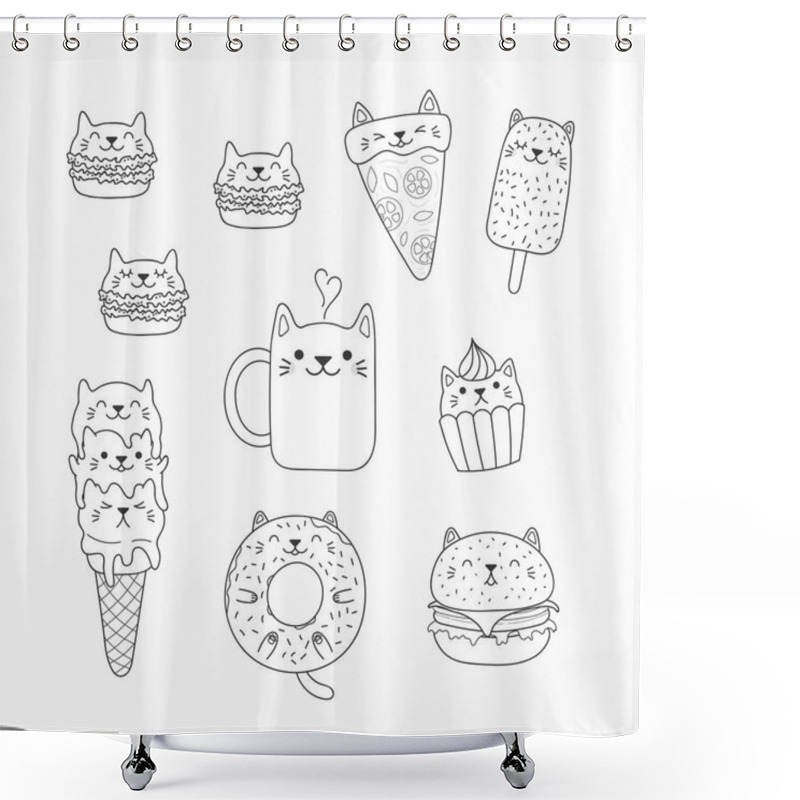 Personality  Set Of Kawaii Doodles Of Foods With Cat Ears, Macarons, Pizza, Burger, Ice Cream, Donut, Coffee. Hand Drawn Vector Illustration. Line Drawing. Design Concept Coloring Pages For Kids. Shower Curtains