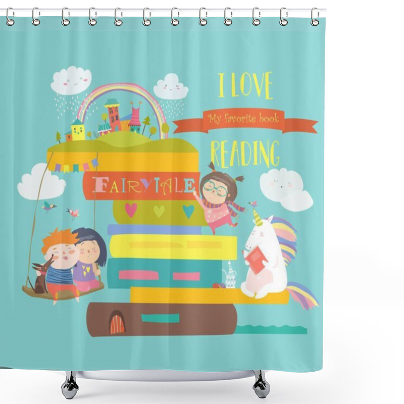 Personality  Fairytale Concept With Book,unicorn And Children Shower Curtains