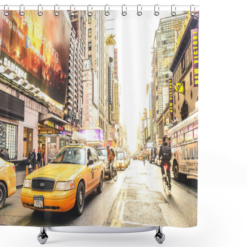 Personality  NEW YORK - MARCH 27, 2015: Yellow Taxi Cab And Everyday Life Near Times Square In Manhattan Downtown Before Sunset - Intersection Of 7th Avenue With 42nd Street - Warm Sunshine Filtered Color Tones Shower Curtains