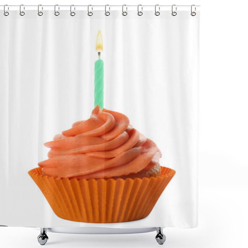 Personality  Delicious Birthday Cupcake With Candle And Orange Cream Isolated Shower Curtains