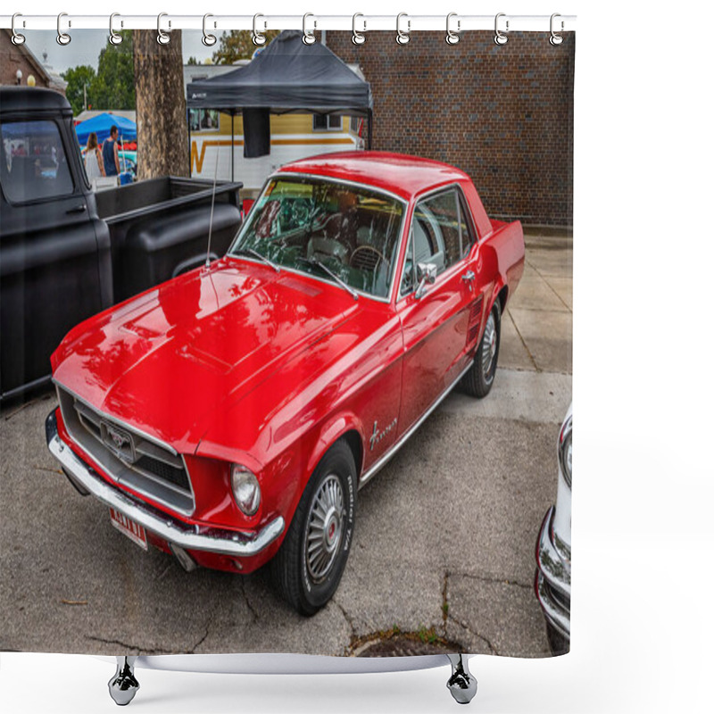 Personality  Des Moines, IA - July 01, 2022: High Perspective Front Corner View Of A 1967 Ford Mustang 2 Door Hardtop At A Local Car Show. Shower Curtains