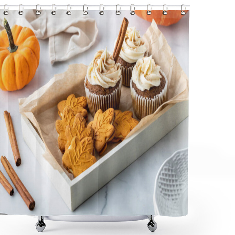 Personality  A Tray Of Cinnamon Spice Cookies And Cupcakes Frosted With Cream Cheese. Shower Curtains