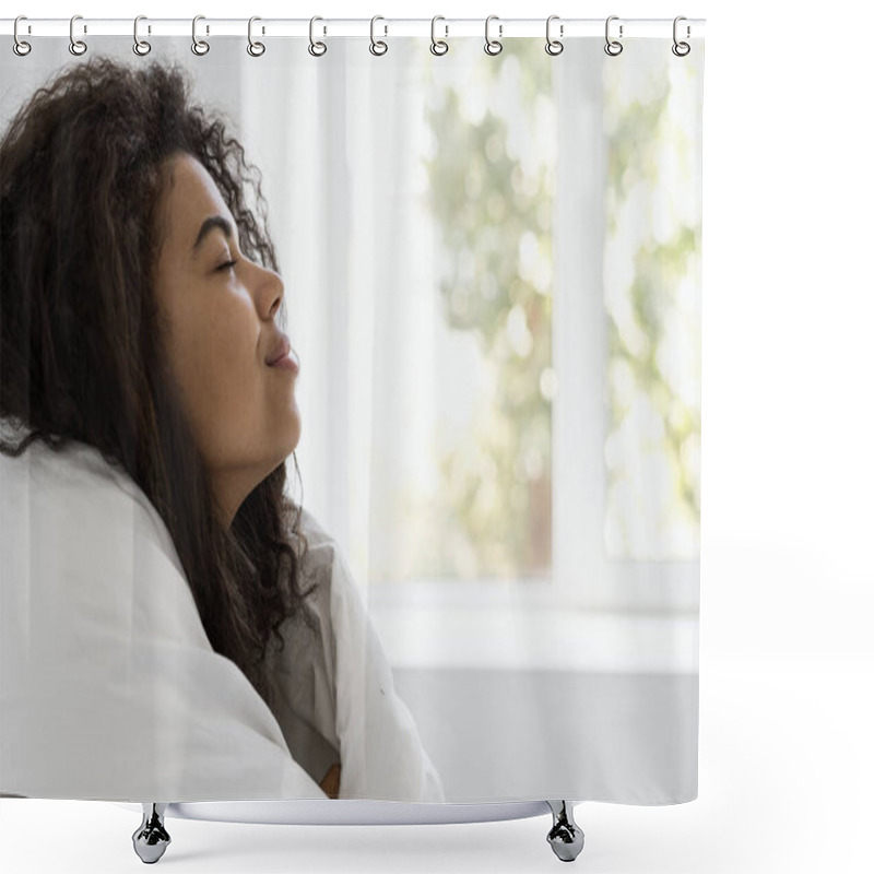 Personality  Profile View Of Calm Mixed Race Woman Wrapped In A Blanket, Taking Deep Breath Of Fresh Air. Serene Female Relaxing And Making Morning Meditation With Eyes Closed. Enjoying Peace And Tranquil Concept Shower Curtains