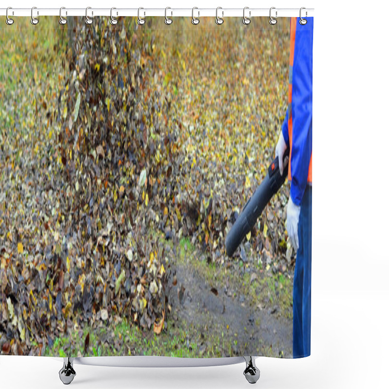 Personality  Cleaning Autumn Leaves 4. The Worker In A Uniform Clears A Path. Shower Curtains