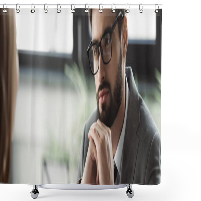 Personality  Businessman In Eyeglasses And Formal Wear Looking At Blurred Candidate On Job Interview, Banner  Shower Curtains