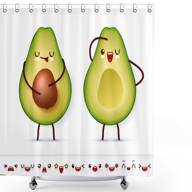 Personality  Two Halve Happy Avocado With Cute Kawaii Faces. Collection Of Emoticon Emoji. Cartoon Avocado Kawaii Character Isolated On White Background. Vector Shower Curtains