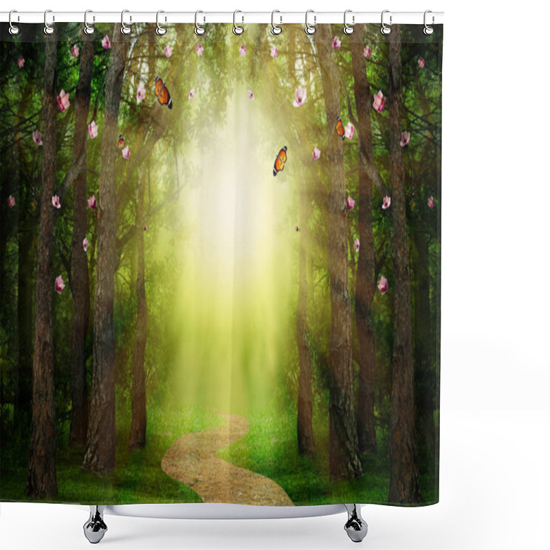 Personality  Fantasy World. Magic Forest With Beautiful Butterflies And Sunlit Way Between Trees Shower Curtains