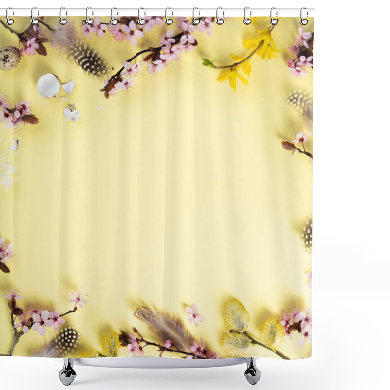 Personality  Easter Holiday Background. Flat-lay Of Tender Spring Cherry Blossom Flowers On Branches, Feathers, Quail Eggs Over Pastel Yellow Background, Top View Shower Curtains