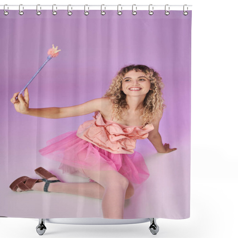 Personality  Attractive Woman In Pink Vibrant Dress Sitting On Floor Holding Magic Wand, Tooth Fairy Concept Shower Curtains