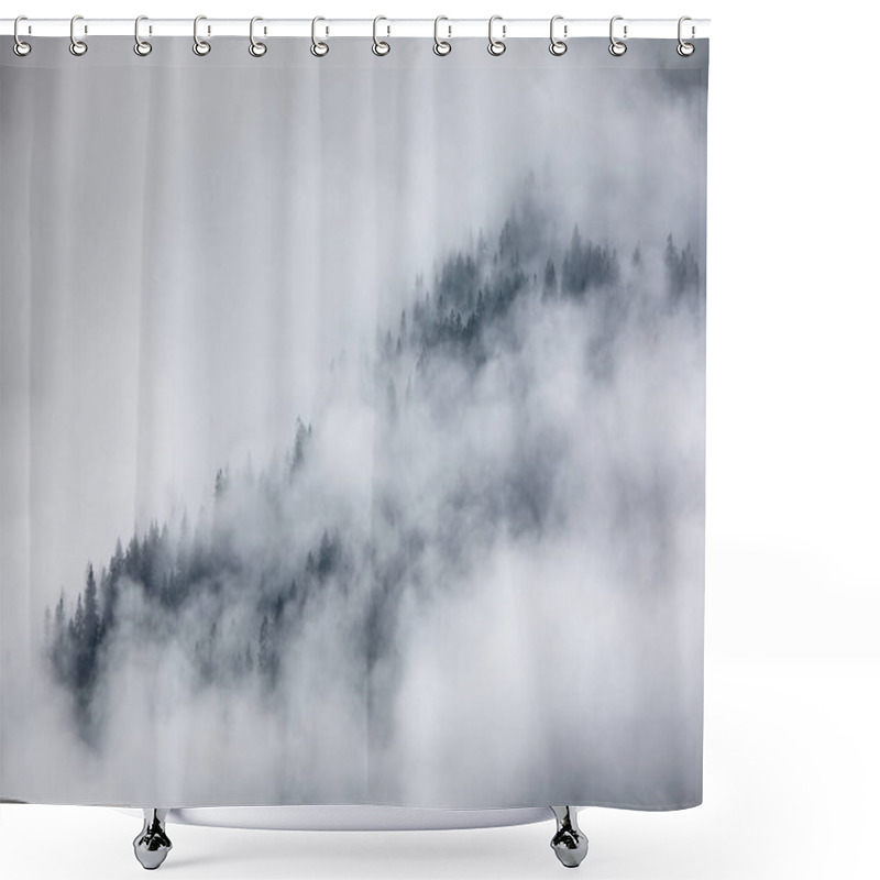 Personality  Pine Forest Covered In Fog On A Cold Autumn Morning, Dark Tone Image. Foggy Mountain Landscape With Misty Forest Shower Curtains