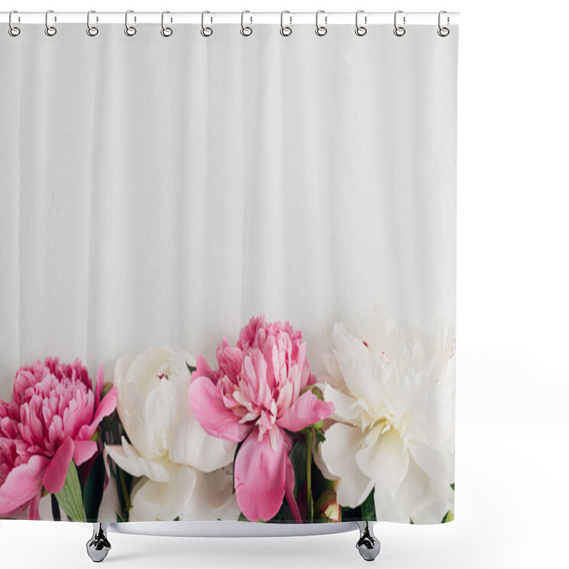 Personality  Beautiful Peonies Bouquet.Gentle Pink Peony Flowers On Rustic Background, Atmospheric Image Shower Curtains