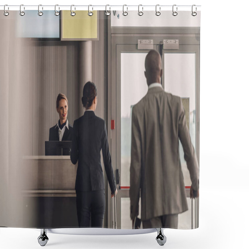 Personality  Rear View Of Queue Of Businesspeople At Airport Check In Counter Shower Curtains