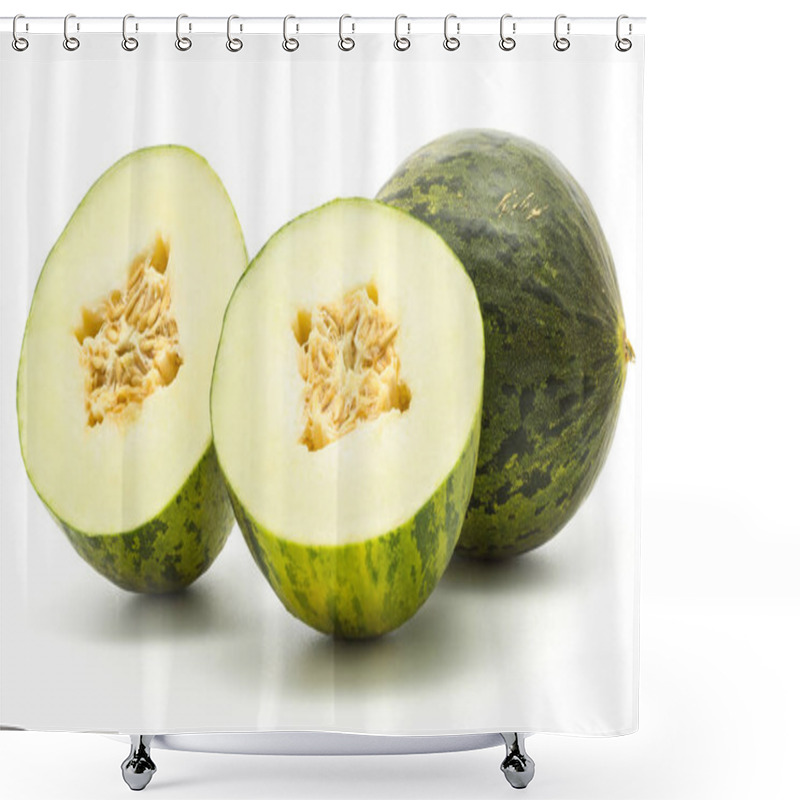 Personality  Melons Piel De Sapo (Santa Claus Christmas Variety) Isolated On White Background Green Striped Outer Rind One Whole And One Cut In Two Halves With Seed Shower Curtains