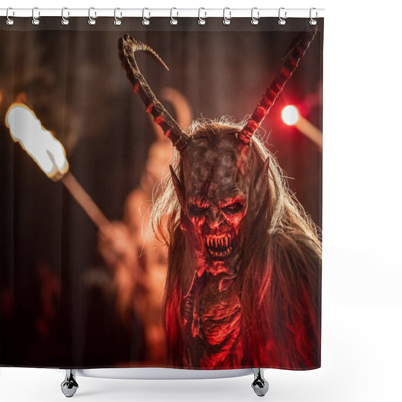 Personality  Krampus. Christmas Devils. Flames. Fire. Waiting For San Nicolo Shower Curtains