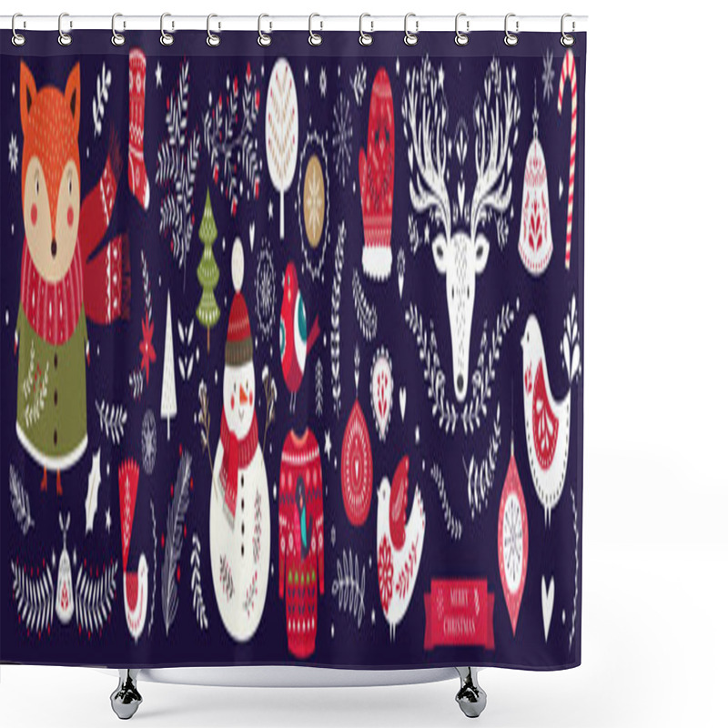 Personality  Christmas Vector Collection With Cute Fox, Snowman, Deer, Bird And Floral Elements. Shower Curtains