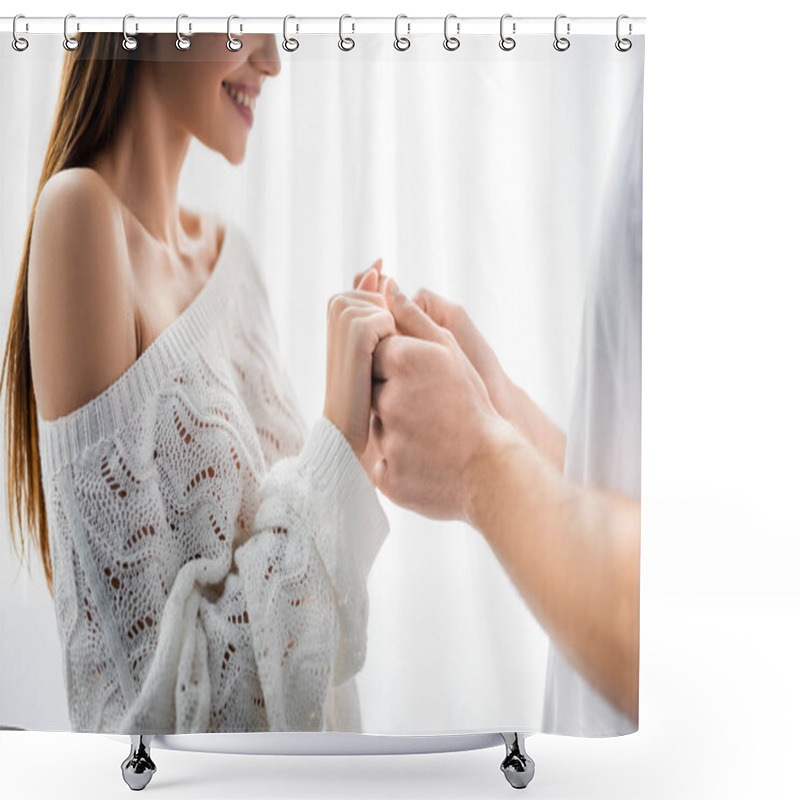 Personality  Cropped View Of Man Holding Hands With Smiling Woman In Apartment  Shower Curtains