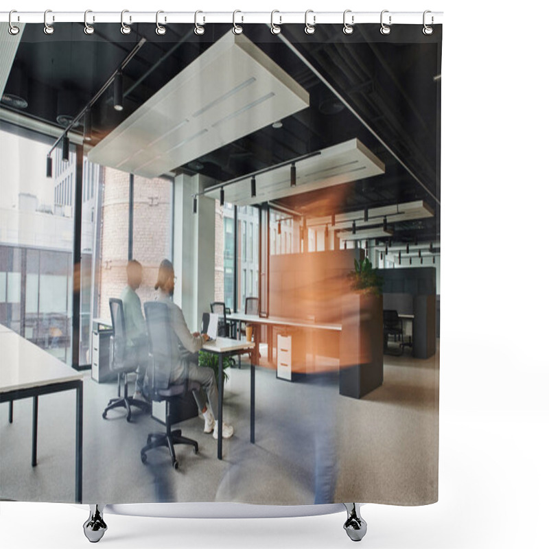 Personality  Motion Blur Of Man Walking Near Business People Working In Open Space Office Environment With High Tech Interior, Dynamic Business And Productivity Concept Shower Curtains