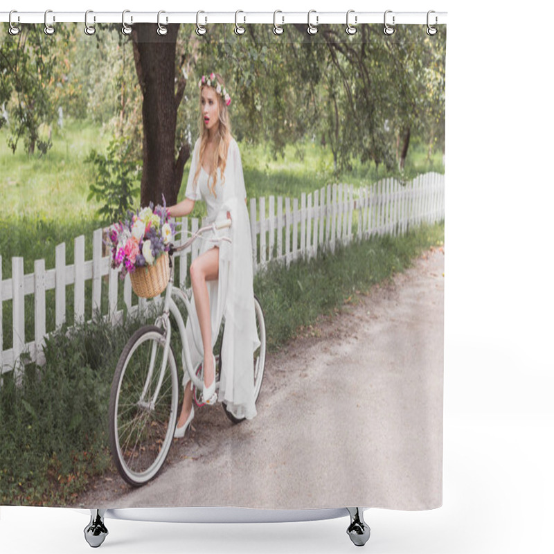 Personality  Beautiful Shocked Bride In Wedding Dress Riding Bicycle And Looking Away Shower Curtains