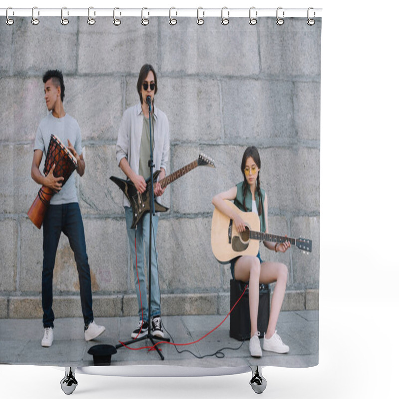 Personality  Young And Happy Street Musicians Band With Guitars And Djembe In City Shower Curtains