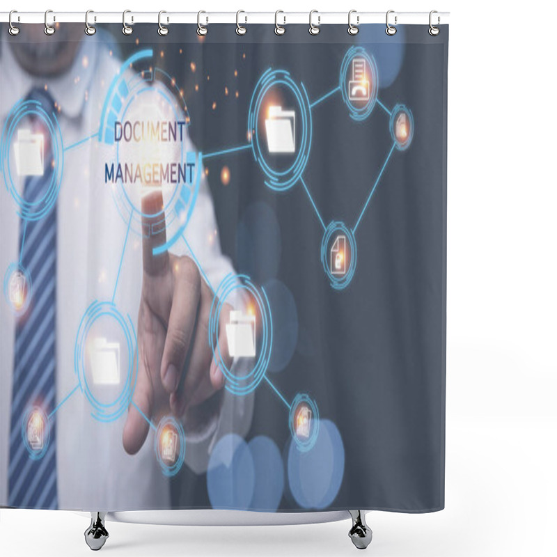 Personality  Businessman Touching Icon Virtual Online. Document Management System. Database And Process Automation To Manage Files, Knowledge, And Documentation In The Company. Shower Curtains