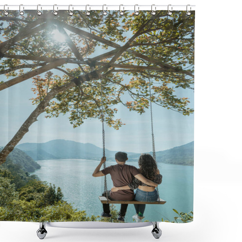 Personality  Couple Enjoying Nature From A Hill Top Sitting On A Swing Shower Curtains