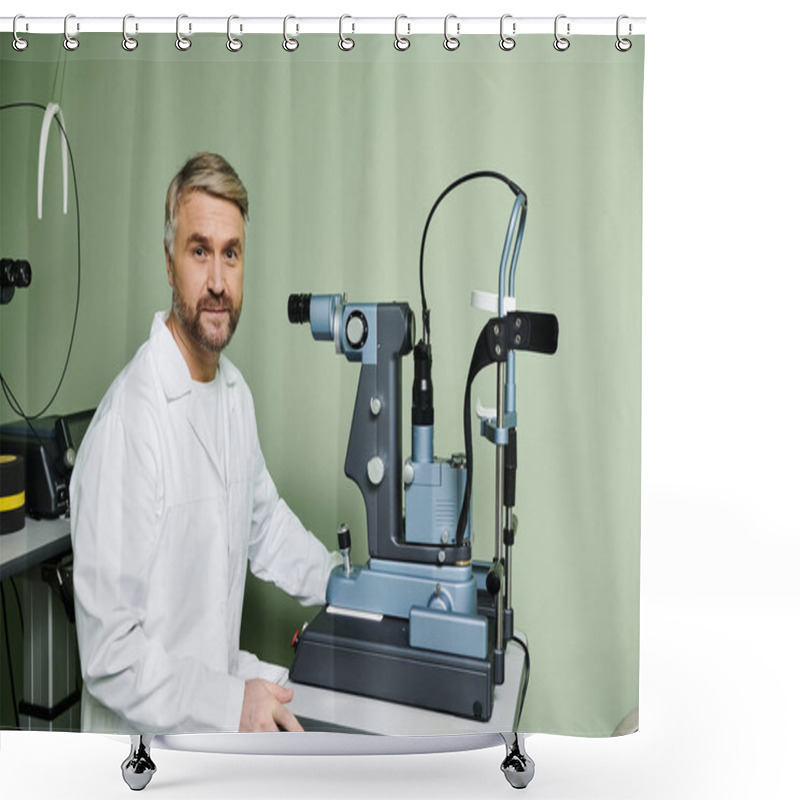 Personality  Handsome Doctor Examines Someones Vision. Shower Curtains