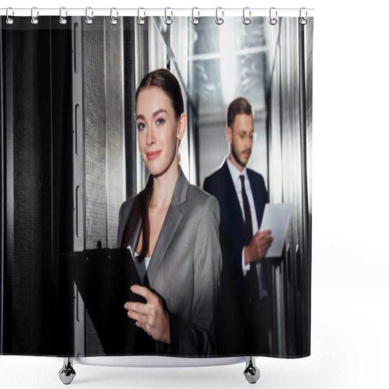 Personality  Selective Focus Of Cheerful Businesswoman Holding Clipboard Near Bearded Businessman In Data Canter  Shower Curtains