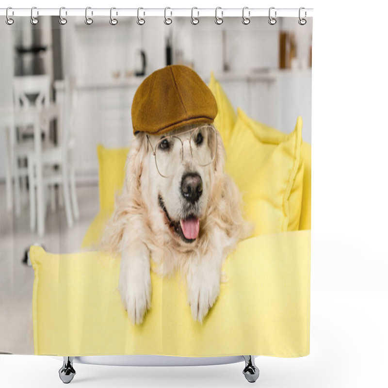 Personality  Cute Golden Retriever In Cap And Glasses Lying And Looking Away  Shower Curtains