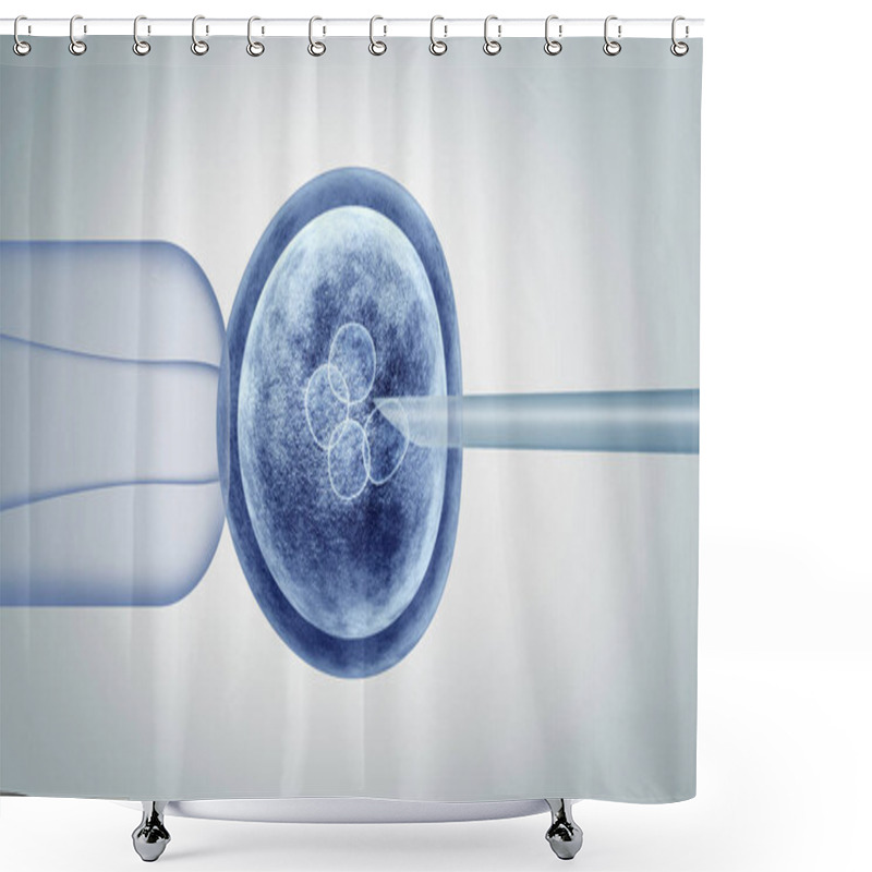 Personality  Genetic Editing And Gene Research In Vitro CRISPR Genome Engineering Medical Biotechnology Health Care Concept With A Fertilized Human Egg Embryo And A Group Of Dividing Cells As A 3D Illustration. Shower Curtains