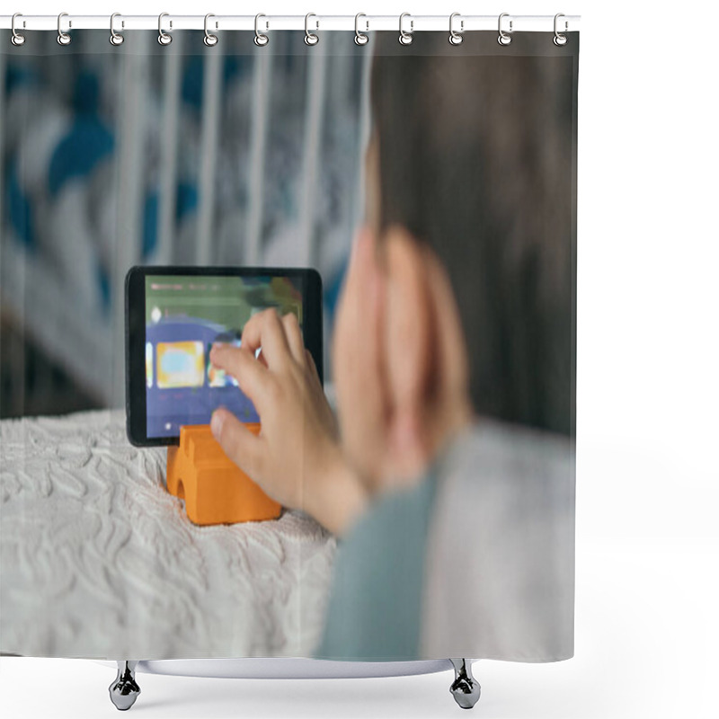 Personality  Selective Focus Of Little Boy Touching Screen Of Smartphone While Watching Online Lesson Shower Curtains