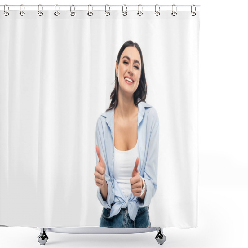 Personality  Excited Woman In Blue Shirt Showing Thumbs Up Isolated On White Shower Curtains