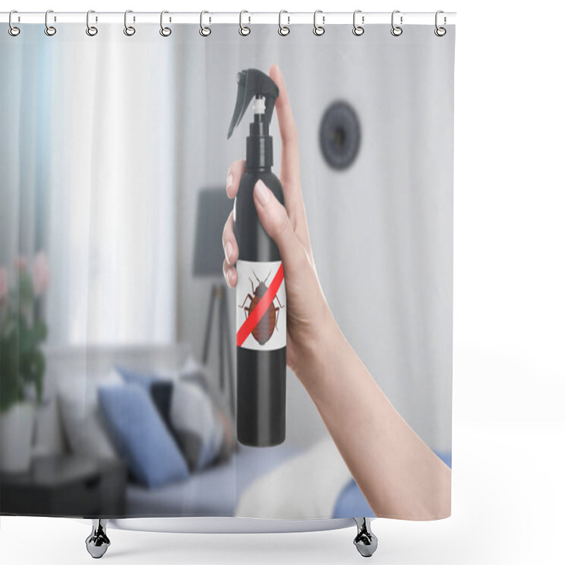 Personality  Woman Holding Bottle Of Anti Bed Bug Detergent In Bedroom Shower Curtains