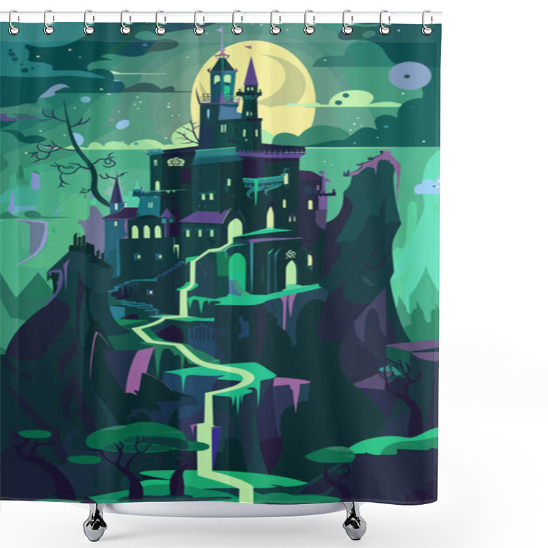 Personality  Enchanted Fairytale Castle Perched Atop Winding Staircases Amidst Mystical Forest Under Moonlit Sky. Vibrant Hues Green Purple Dominate Whimsical Illustration Magical Scenery. Fantasy Night Shower Curtains